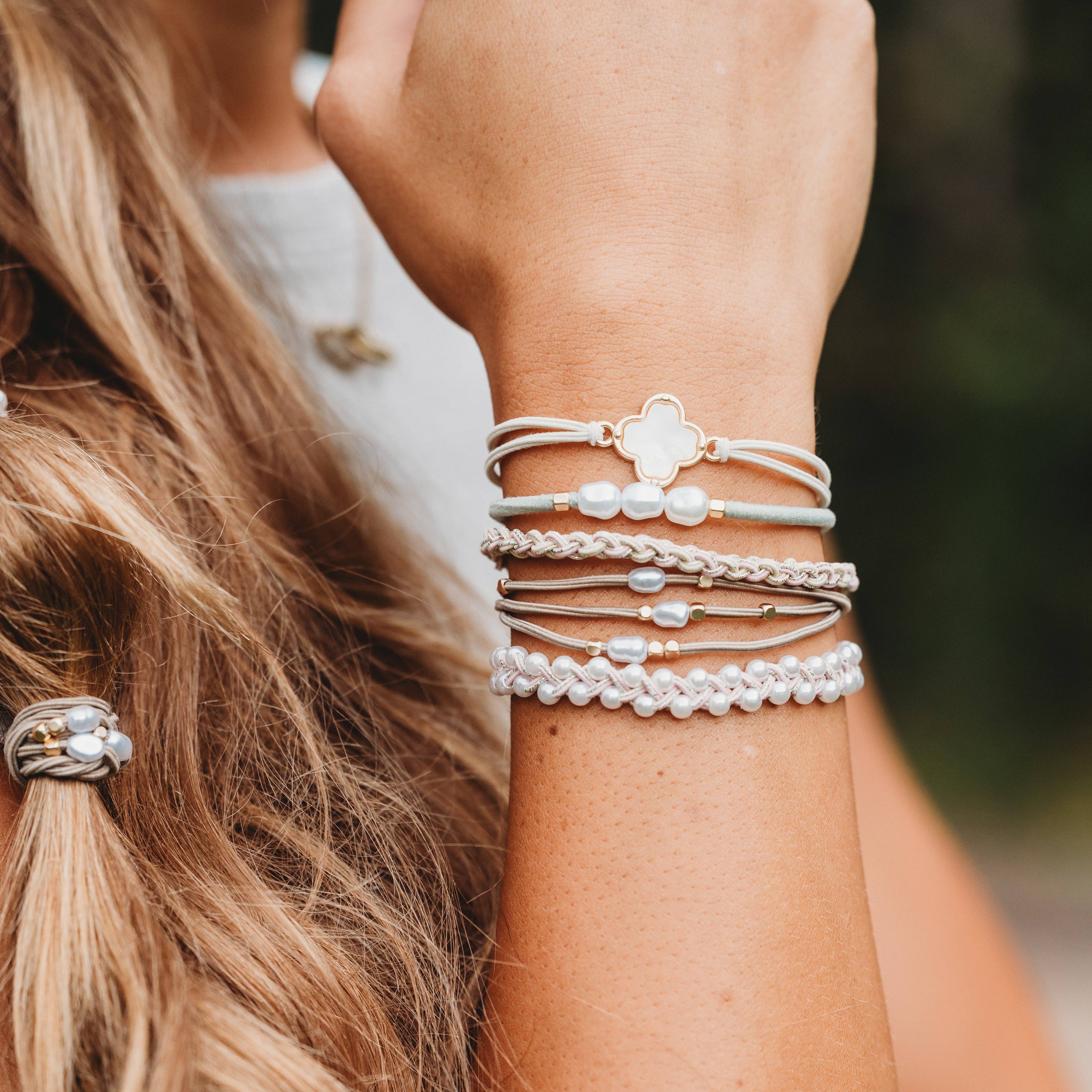 K'lani hair tie bracelets - Wholesale Jewelry Set - "Glimmer" Soft Pinks with Pearl and Gold Accent Hair Tie Bracelets2