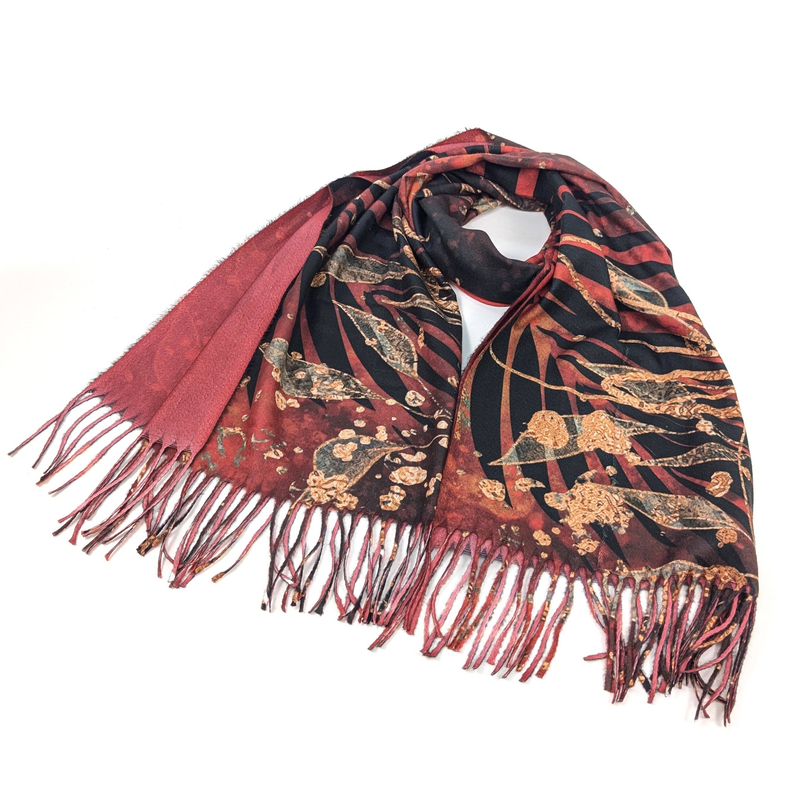 Black Ginger – Engroshandel Tørklæde - Dame – Kursi - Golden Leaf Pashmina Style Tørklæde (70x180cm) - Rød3