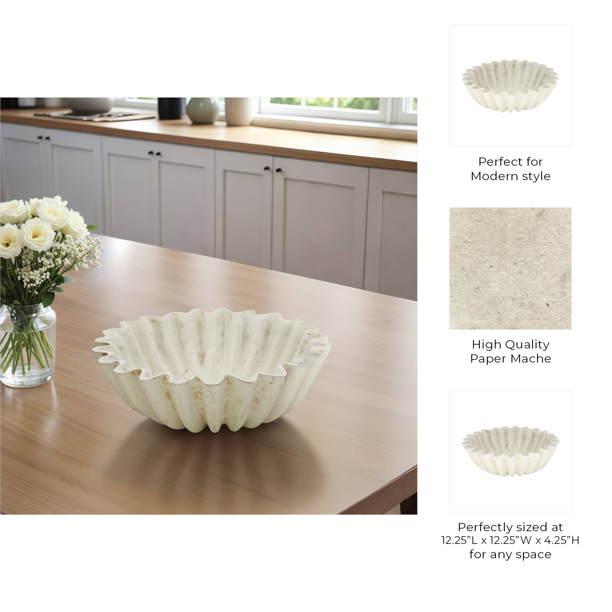 Sagebrook Home - Wholesale Decorative Plate/Dish/Bowl - Decorative Bowl - White Paper Mache Modern Fluted, 13 in.4
