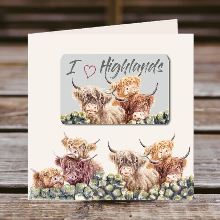 Carte de vœux aimantée pour réfrigérateur HIGHLAND COWS pour la vente par Field and Fur Gifts