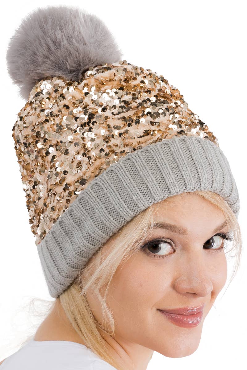 Cap Zone - Vente Bonnet – femme - Bonnet à pompon en tricot à paillettes métalliques Beazzled11