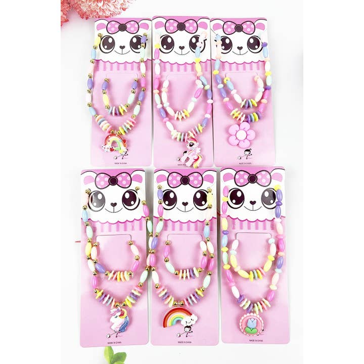 ASSORTED KIDS OBLONG BEADED NECKLACE WITH BRACELET SET for wholesale on Faire