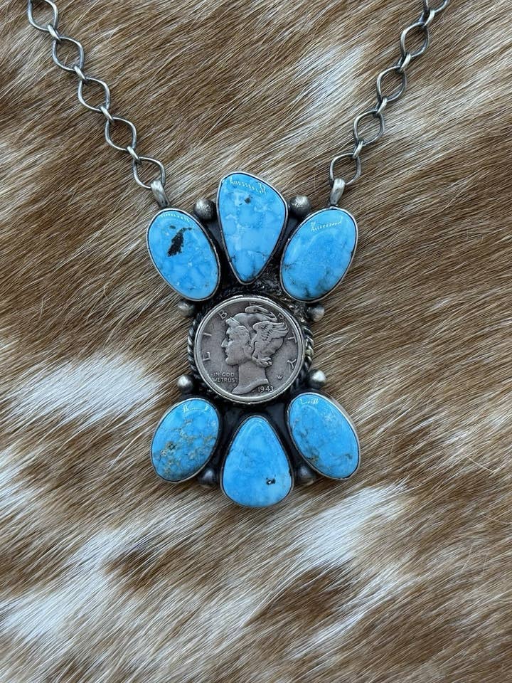 Navajo handgjord silver Kingman turkos Liberty Dime klusterhalsband 18” för wholesale av Native City Jewelry