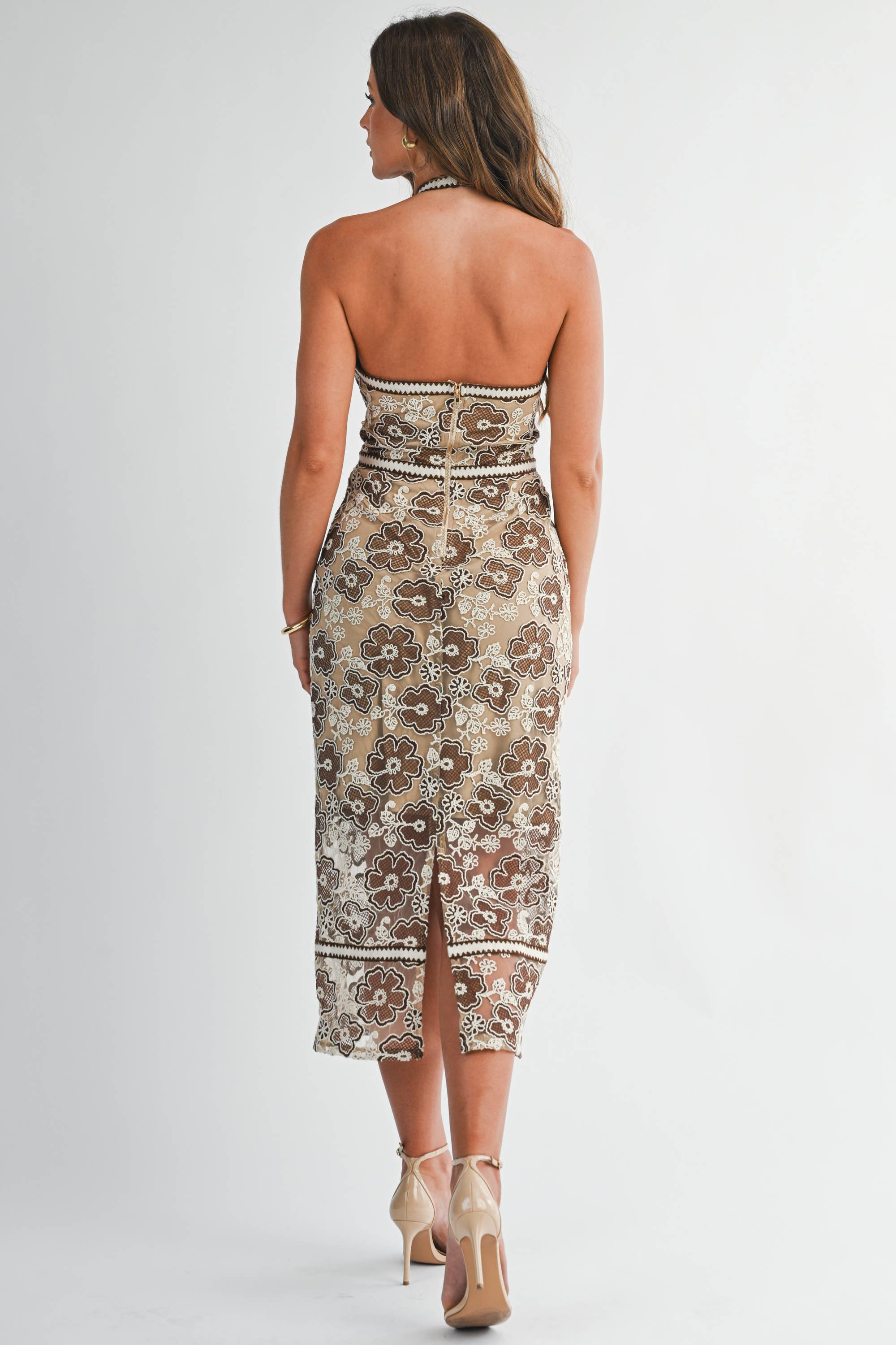 BRWON IVORY BD5081 Embroidered Halter Neck Midi Dress for wholesale on Faire2