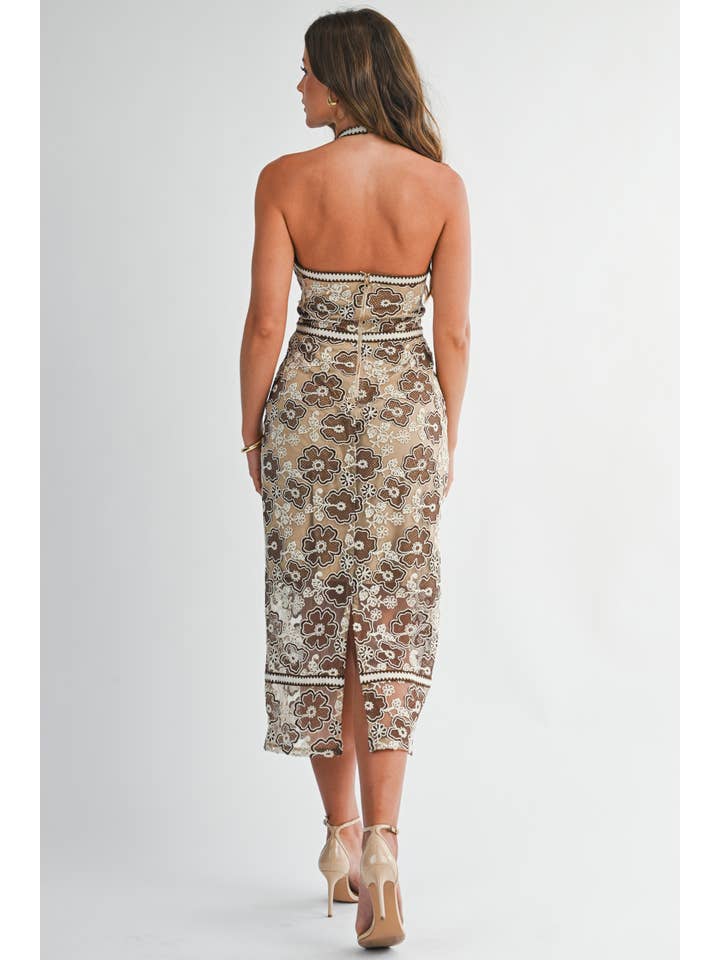 BRWON IVORY BD5081 Embroidered Halter Neck Midi Dress for wholesale on Faire2