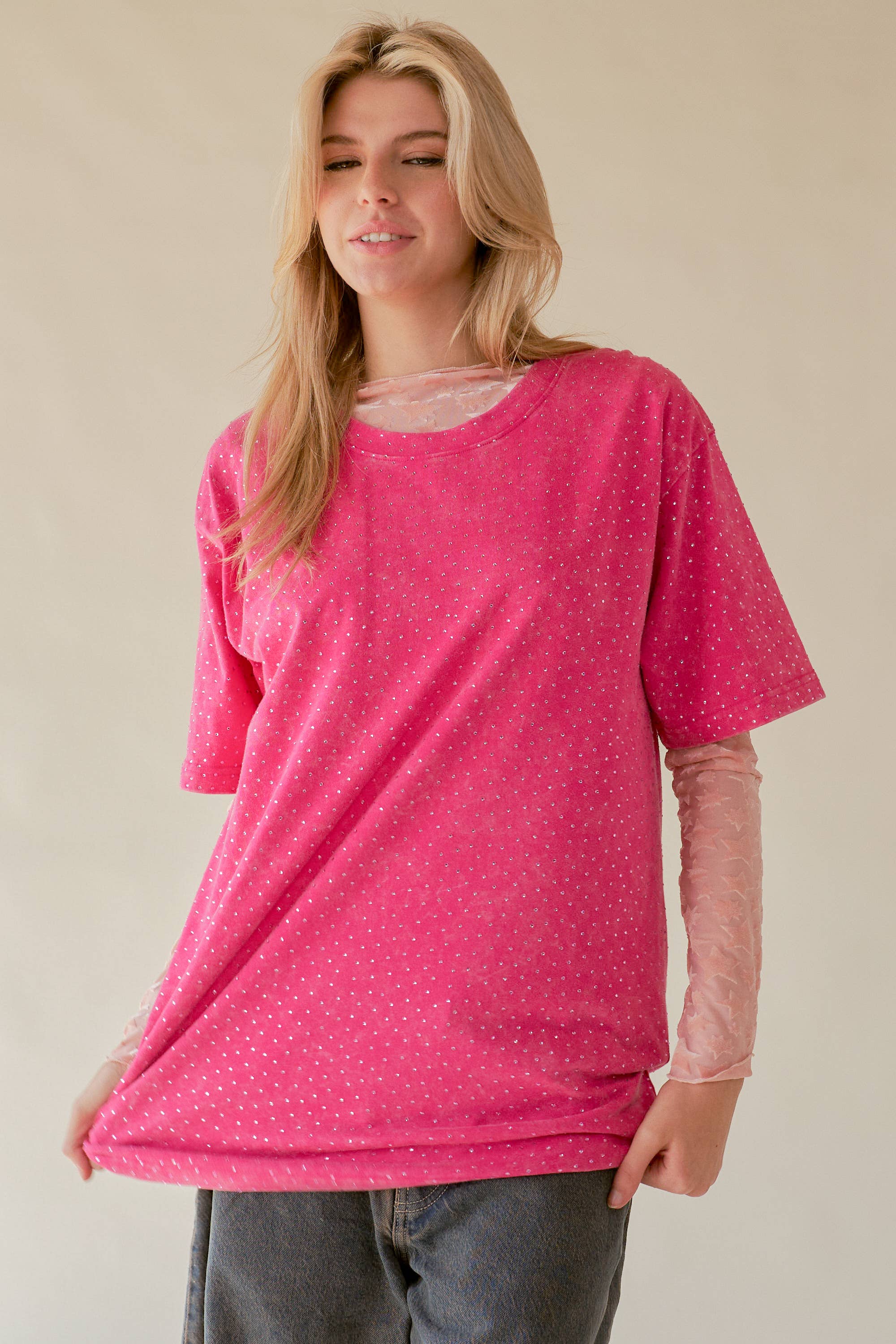 Davi & Dani – wholesale T-shirt (utan tryck) – Dam – GLITTER MÖNSTER KORTÄRMAD RUND HALS TOPP8