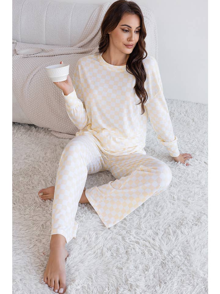 Beige Checkered Print Long Sleeve Top and Pants Lounge Set for wholesale on Faire