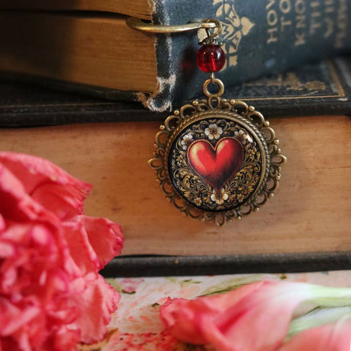 The Divine Iguana - Wholesale Bookmark - Ornate Heart Bronze and Glass Valentine's Day Bookmark 3