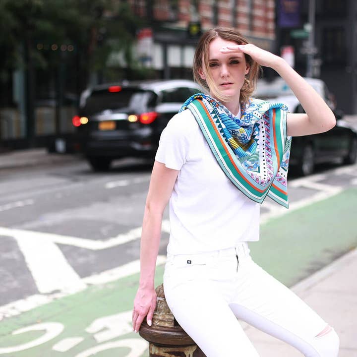 Jessie Zhao New York - Wholesale Scarf - Women's - Silk Scarf of Reconstruction with Shapes in Blue2