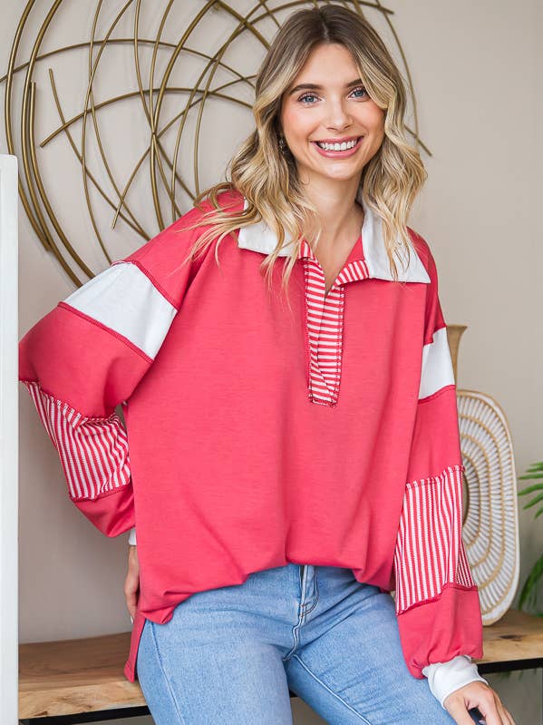 Top de Manga Comprida com Gola de Bloco de Cor e Racha em V T5392 por atacado de 7th Ray