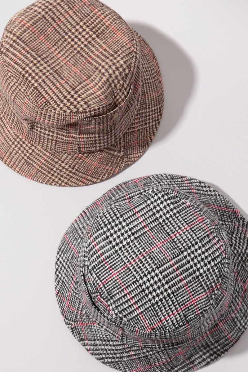 Fashion City – Engroshandel Bucket hat - Dame – Glen Plaid Bucket Hat med Sidelomme1
