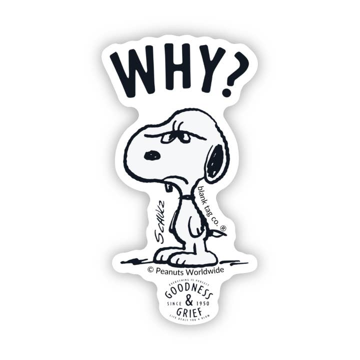 Peanuts® Why? Waterproof Sticker for wholesale by Blank Tag Co. Stickers - Waterproof Stickers