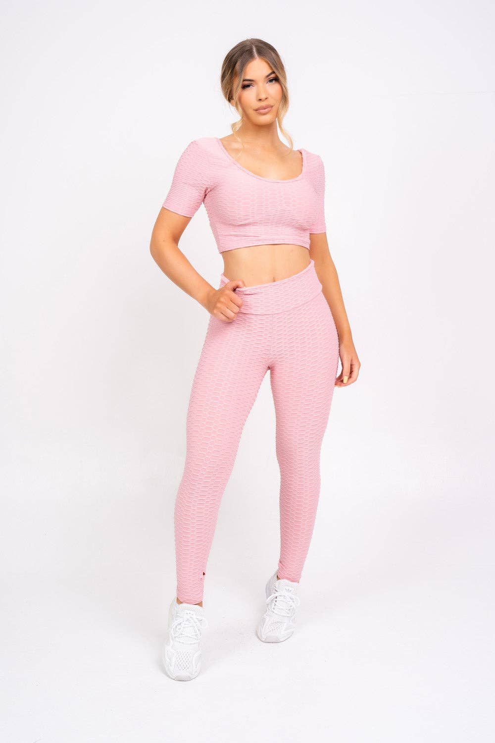 Nazz Collection Clothing Ltd – wholesale Athletic/lounge leggings – Women's – Dion Blush Pink Honeycomb Sports Cropped Top & leggings Co-ord Fitness Set2