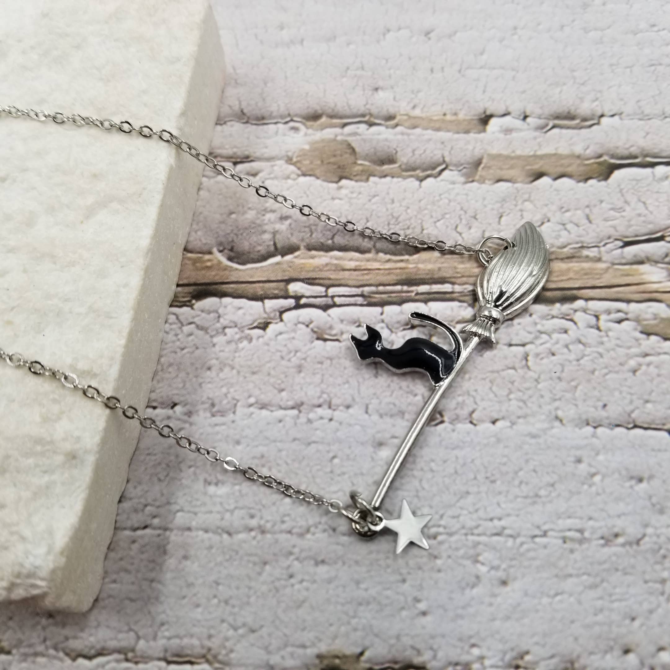 Treasure Wholesale - Wholesale Pendant/Charm Necklace - Magic Broom Black Cat Necklace2
