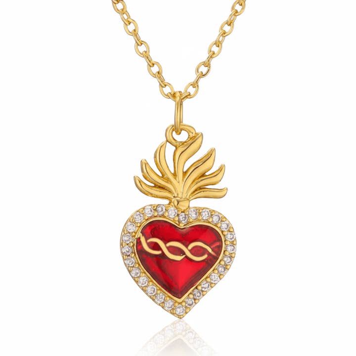Gold-Plated Sacred Heart Red Heart Necklace with White Zirconia 18" for wholesale by Guadalupe Gifts