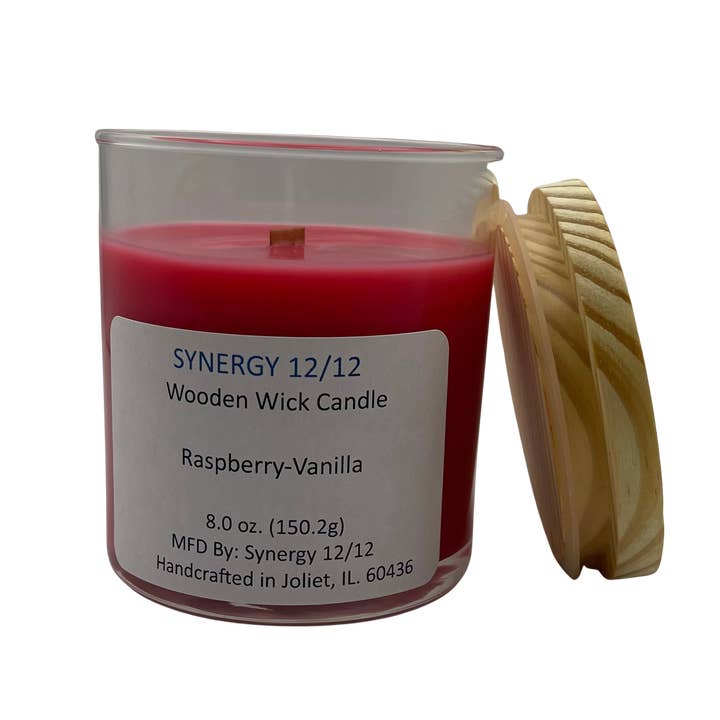 Raspberry-Vanilla Wooden Wick Candle 8 oz. (150.2g) for wholesale by Synergy 12/12