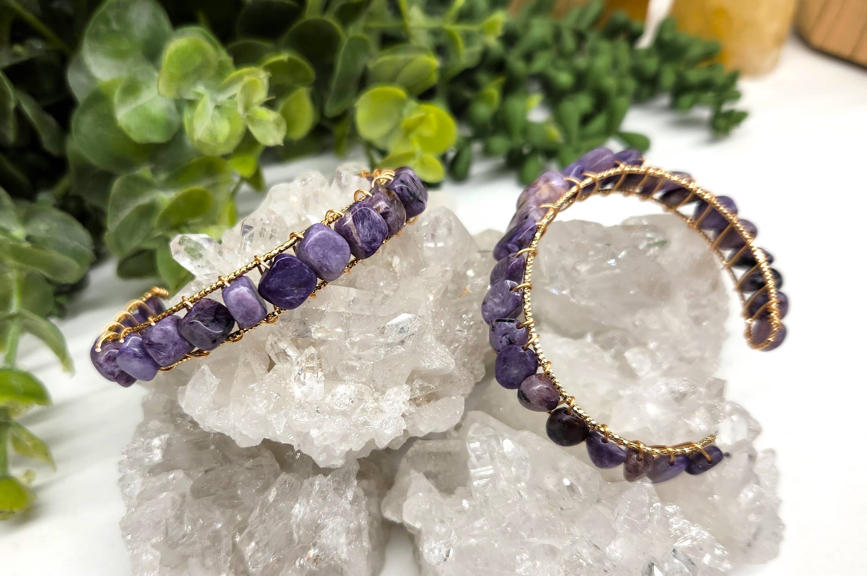 Meraki Gemstones - Wholesale Cuff Bracelet - Charoite Bangle/Cuff WireWrapped Bracelet-18kt. Gold Overlay7