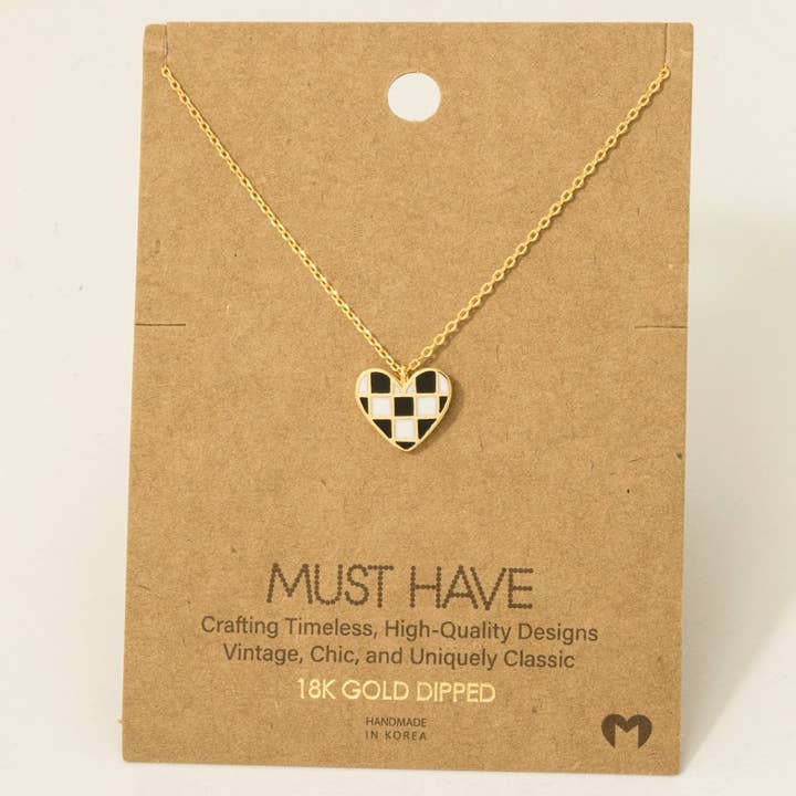 Fame Accessories - Wholesale Pendant/Charm Necklace - Gold Dipped Epoxy Checkered Heart Pendant Necklace1