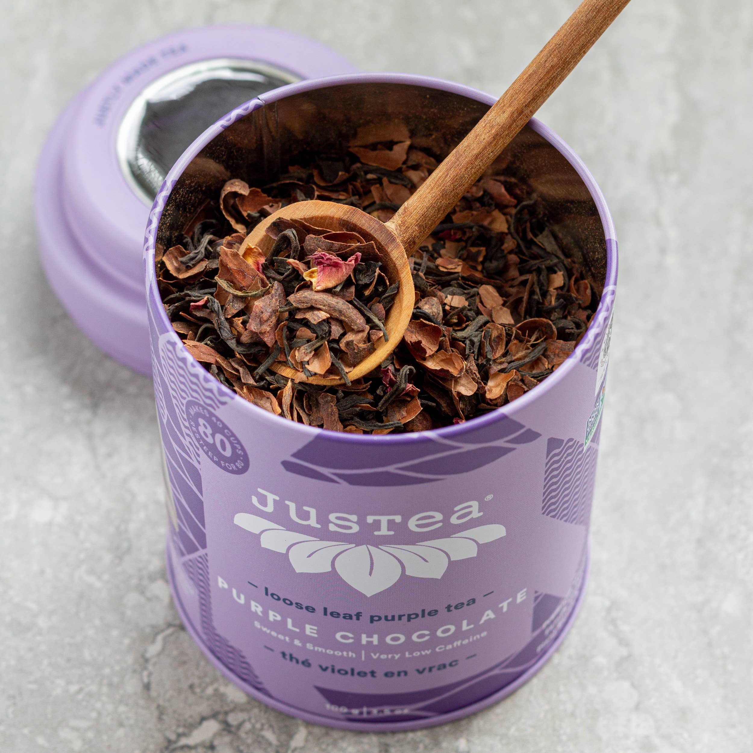 JusTea - Wholesale Loose Tea - Purple Chocolate Tin & Spoon- Organic, Fair-Trade Purple Tea4