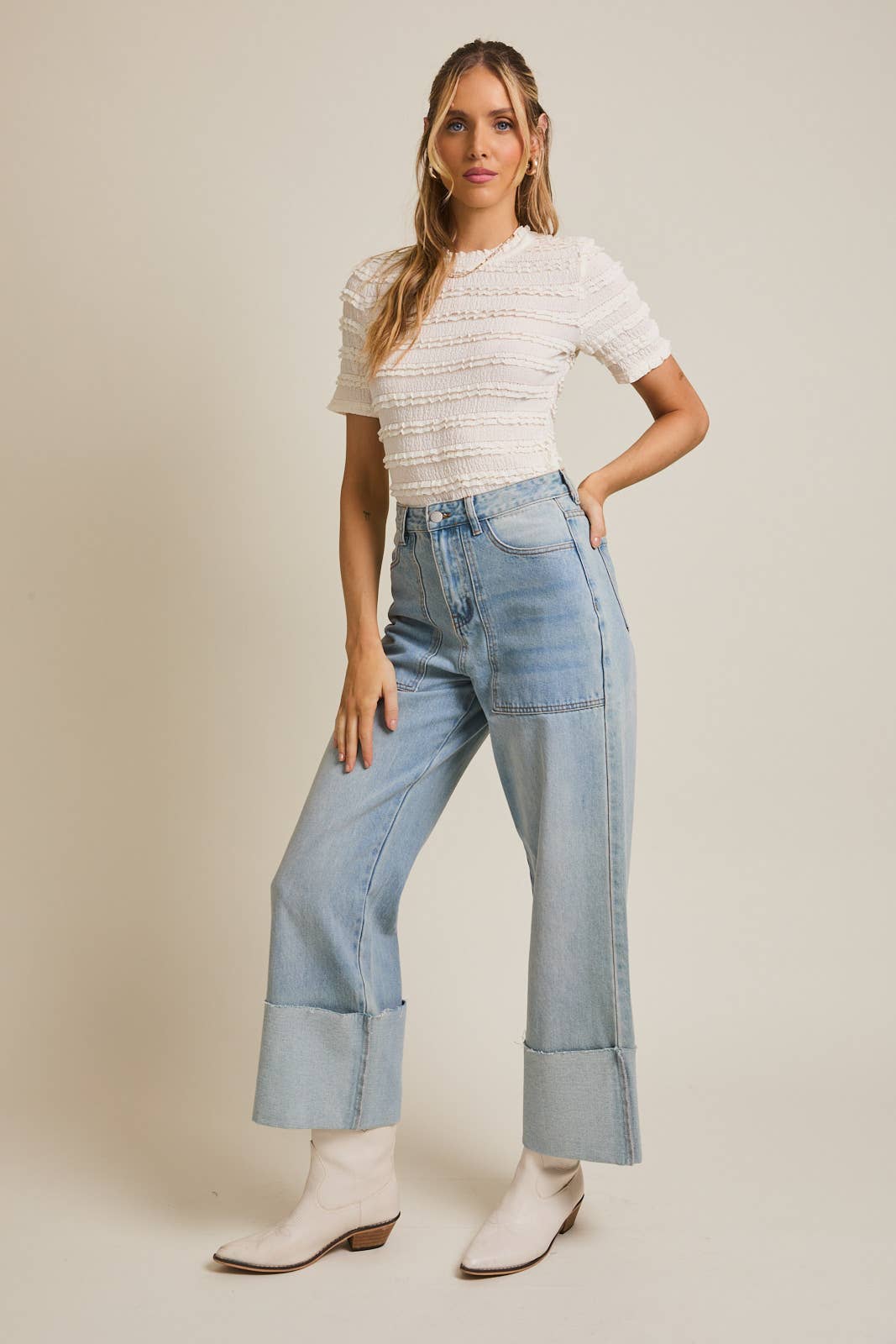 GILLI - Wholesale Blouse - Women's - STRIPE LACE MOCK NECK HALF SLEEVE LACE TOP13