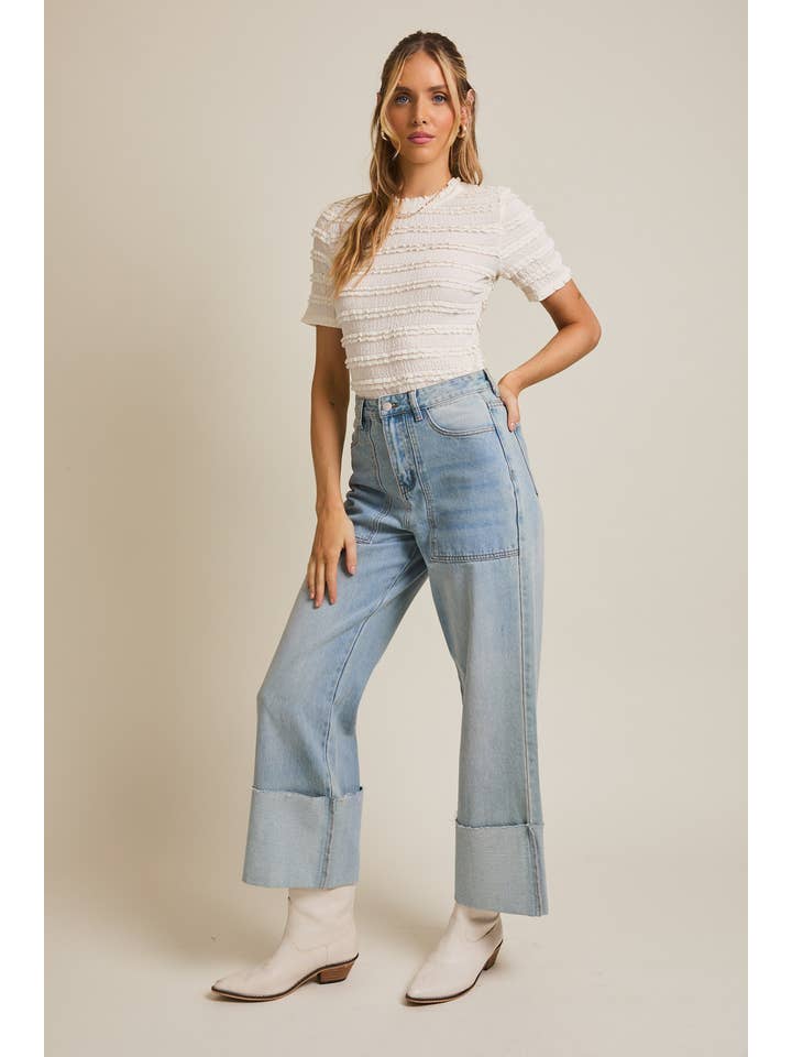 GILLI - Wholesale Blouse - Women's - STRIPE LACE MOCK NECK HALF SLEEVE LACE TOP13