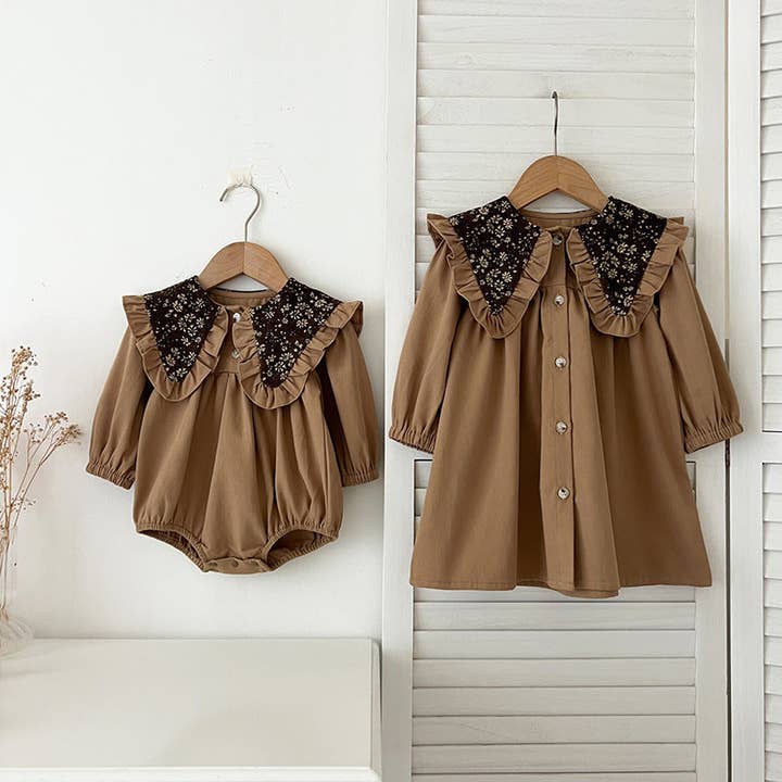 Ankunft Herbst Vintage Blumenmuster Stickerei Kragen Baby Kinder Mädchen Body und Kleid – Prinzessin Schwester Passendes Set für den Großhandel von MyKids-USA®