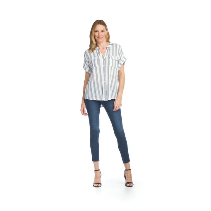 Parte superior dianteira PT12019 NAVY com botão dolman listrado por atacado de Papillon