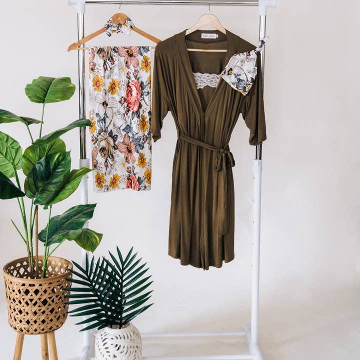 Olive Green Maternity Delivery Gown & Vintage Floral Swaddle for wholesale by HAHA MAMA Clothing