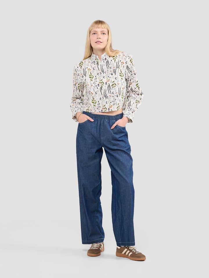 Women's Floral Land Print Cropped Button Down Shirt for wholesale by Poplin and Co.