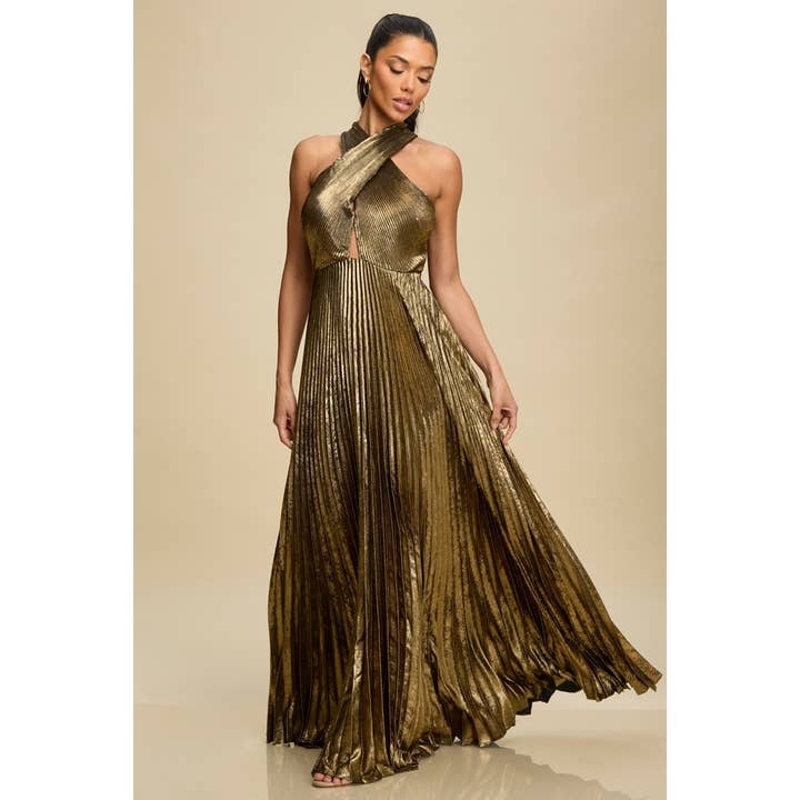 METALLIC PLEATED TIE MAXI DRESS for wholesale by Luxxel