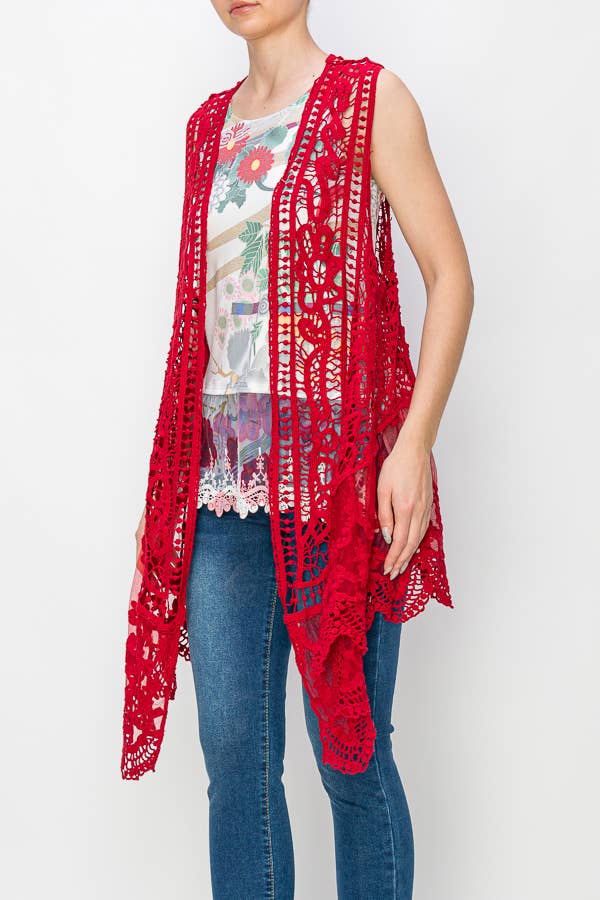 CROCHET VEST WITH LACE LAYER-4421 RED for wholesale on Faire1