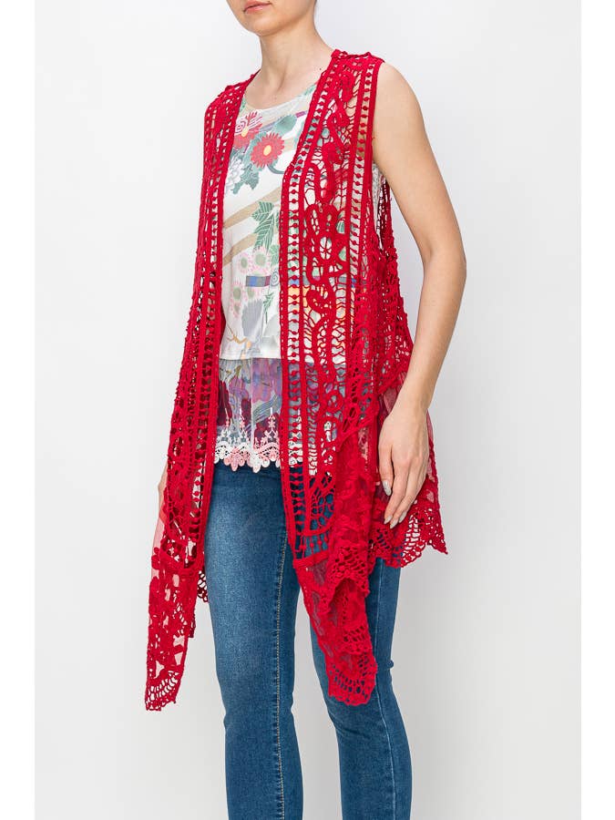 CROCHET VEST WITH LACE LAYER-4421 RED for wholesale on Faire1