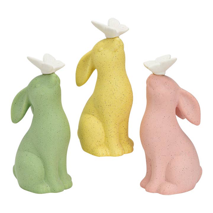Konijnen met vlinder LED van porselein, 3-delig, Geel/Roze/Groen (B/H/D) 10x20x8cm (excl. 3xLR44) voor wholesale door Wurm
