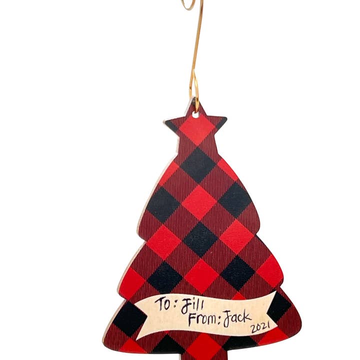 Plaid Tree Wood Ornament for wholesale by Green Tree Jewelry