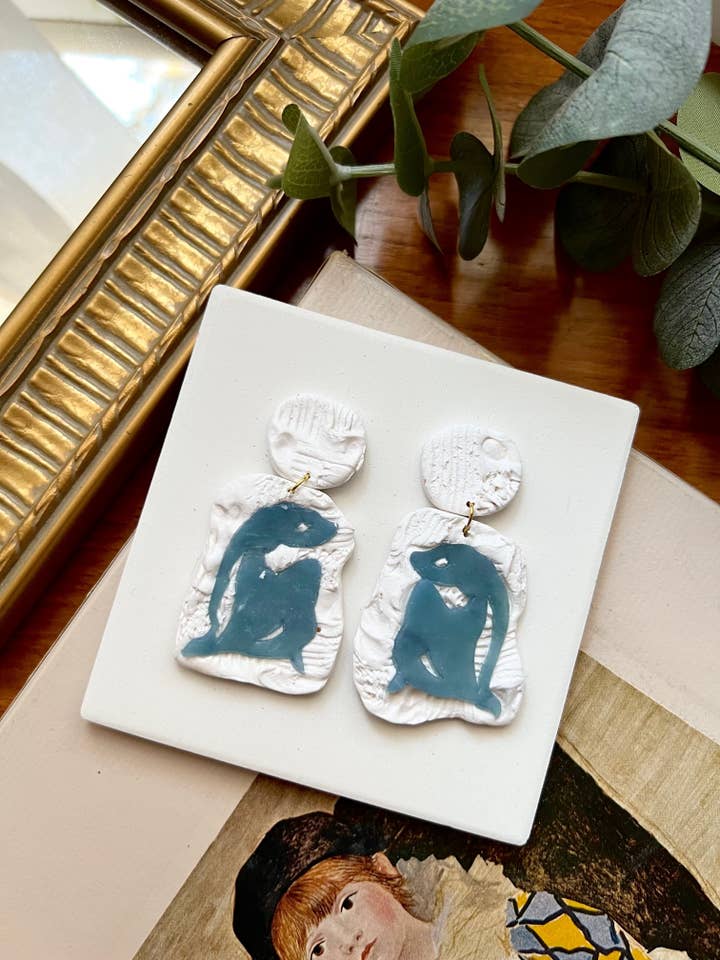 Abstract Matisse Embedded Blue Nude Polymer Clay Earrings for wholesale by Frida Smallo Designs