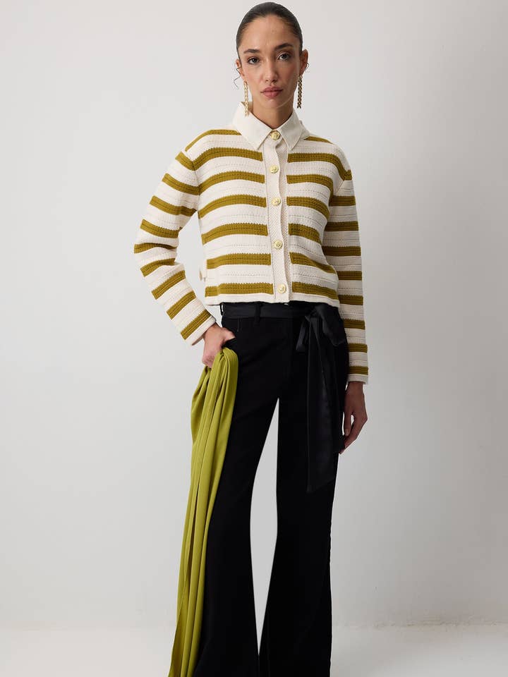 Mustard STRIPED KNITWEAR CARDIGAN for wholesale on Faire0