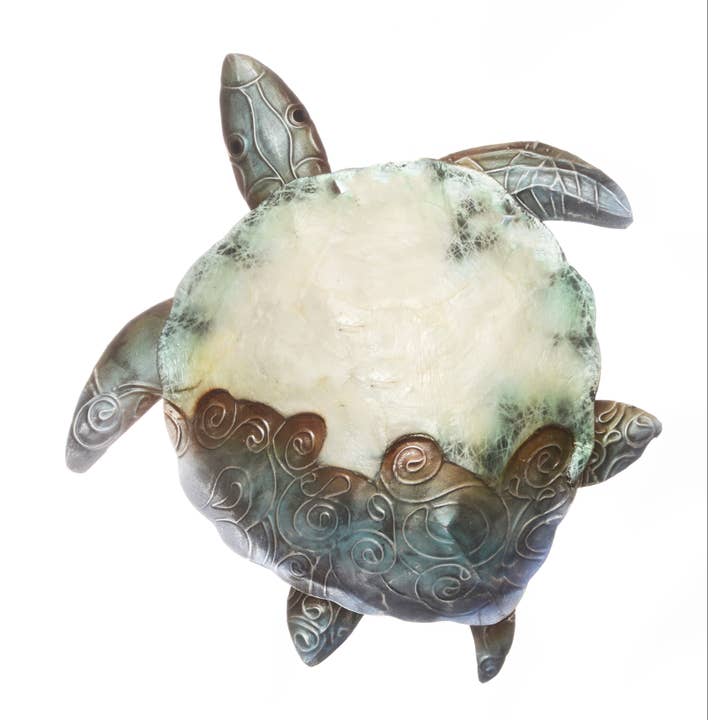 Bamboo Source Tropical Decor - Wholesale Wall Accent - Blue Capiz Shell & Metal Sea Turtle Wall Plaque