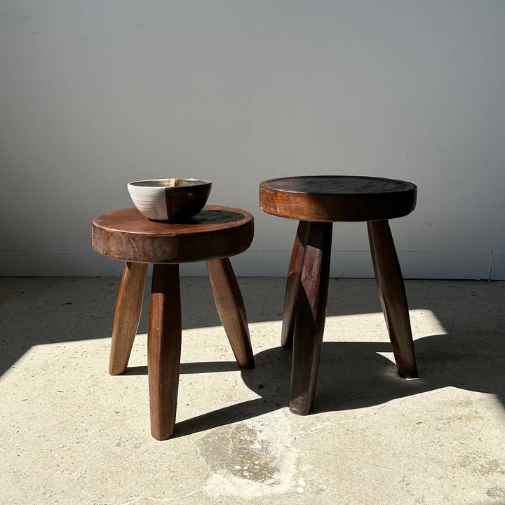 Office Objets - Wholesale Stool - Upcycled low flat teak tripod stool - Small solid brown wood stool with flat circular seat H:35cm D:30cm32