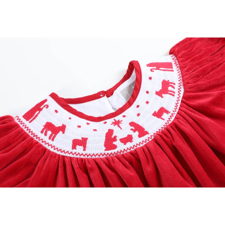 Lil Cactus - Wholesale Dress - Kids - Red Velvet Christmas Nativity Smocked Bishop Dress