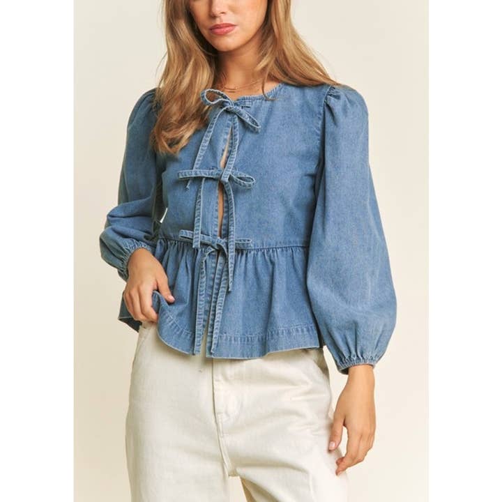 9802 DENIM WASH OPEN FRONT LONG SLEEVE BABYDOLL TOP BLOUSE for wholesale by Coloring You