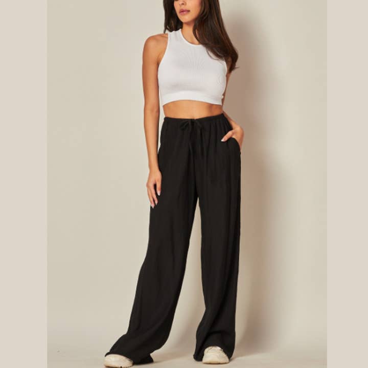 WILD LILAC - Wholesale Pants - Women's - Tie Waist Linen Blend Wide Leg Pants