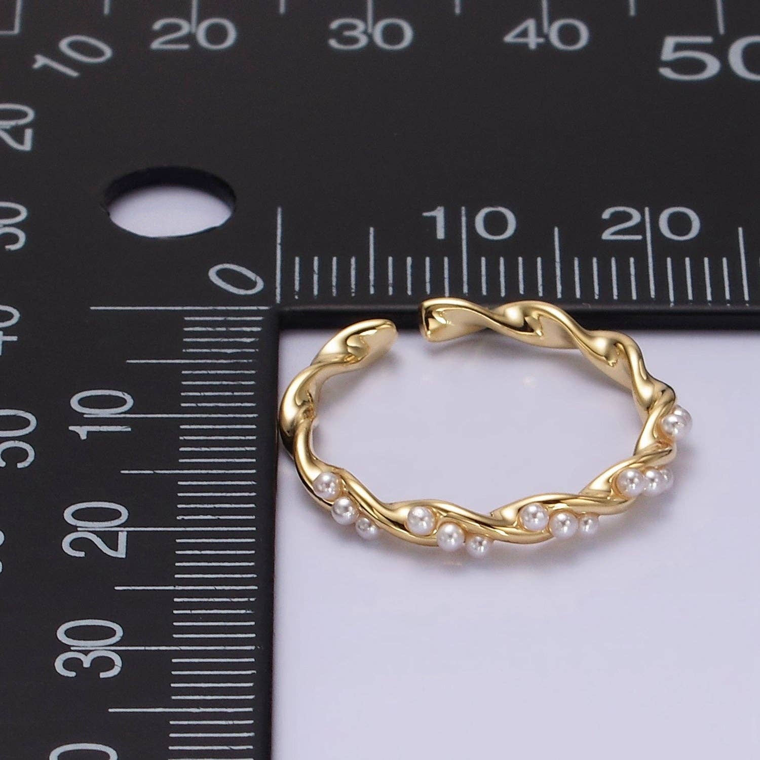 Aim Eternal - Wholesale Band/Stacked Ring - 14K Gold Filled Dotted Pearl Lined Croissant Twisted Ring | O11862
