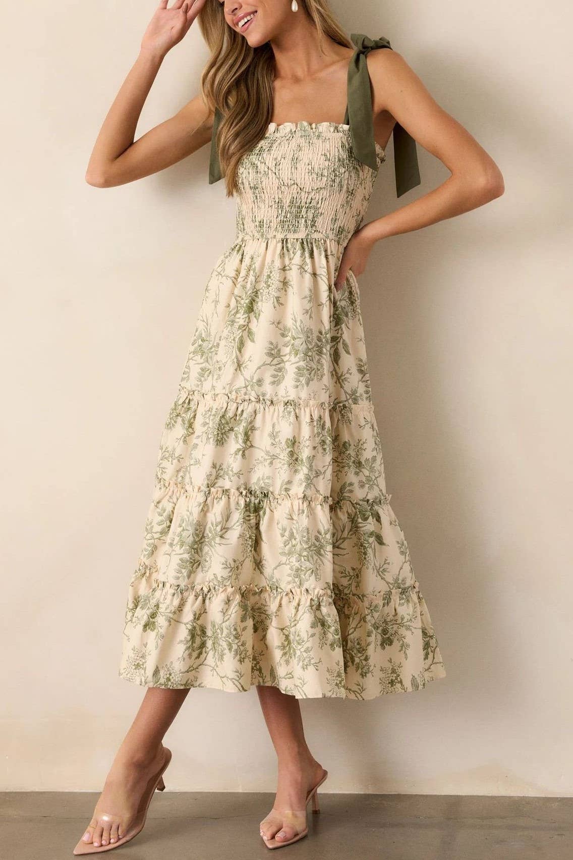 green 2025 komorebi Spring floral flare swing Dress w bow straps for wholesale on Faire5