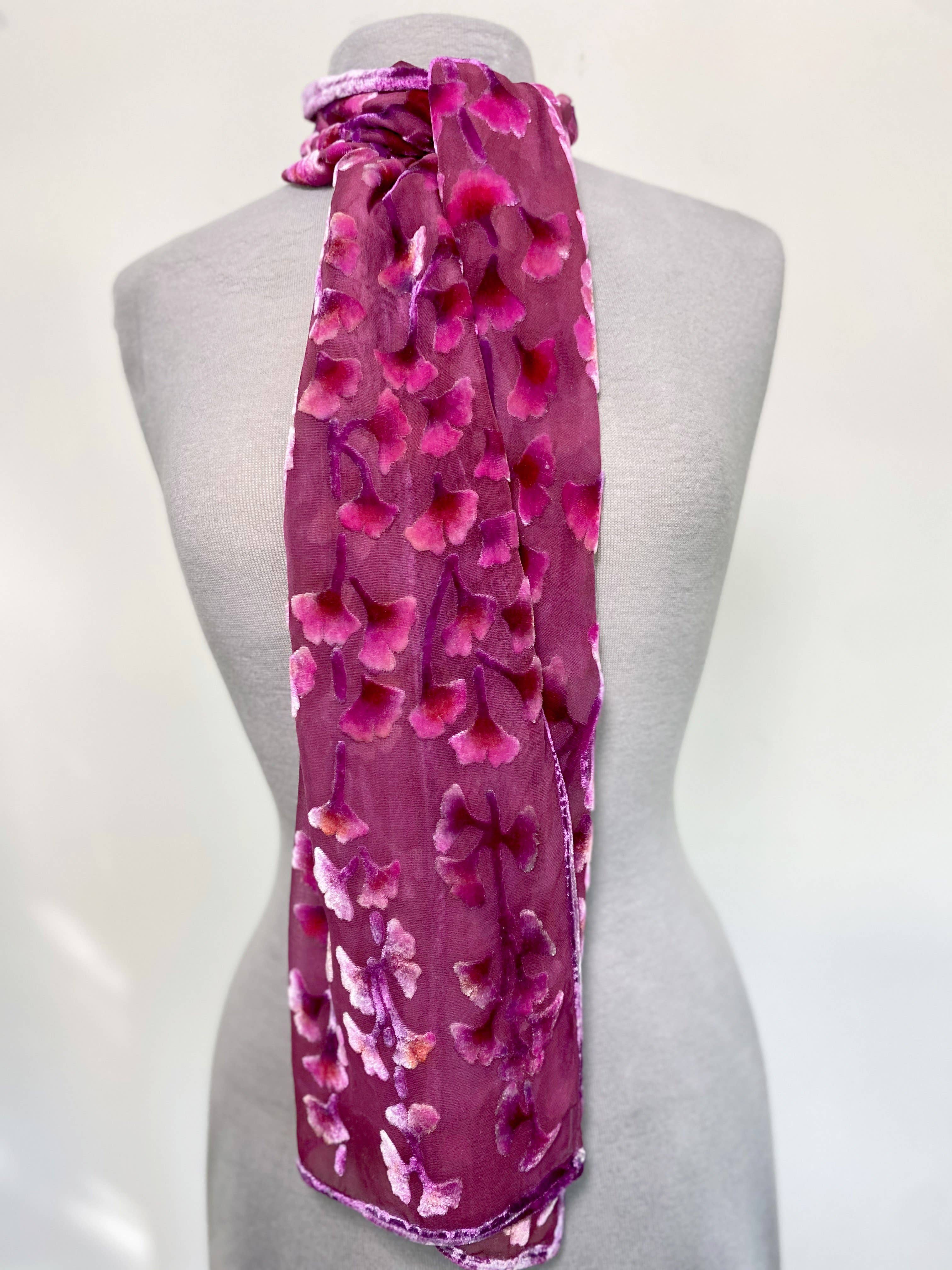 Sherit Levin Textiles - Wholesale Scarf - Women's - Hand Painted Devoré Silk Velvet Floral Fuchsia Scarf1