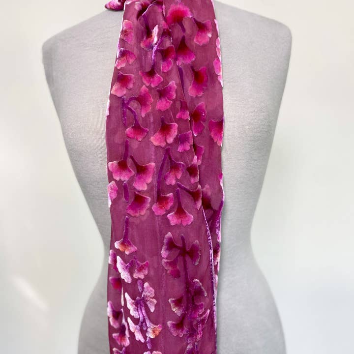 Sherit Levin Textiles - Wholesale Scarf - Women's - Hand Painted Devoré Silk Velvet Floral Fuchsia Scarf1