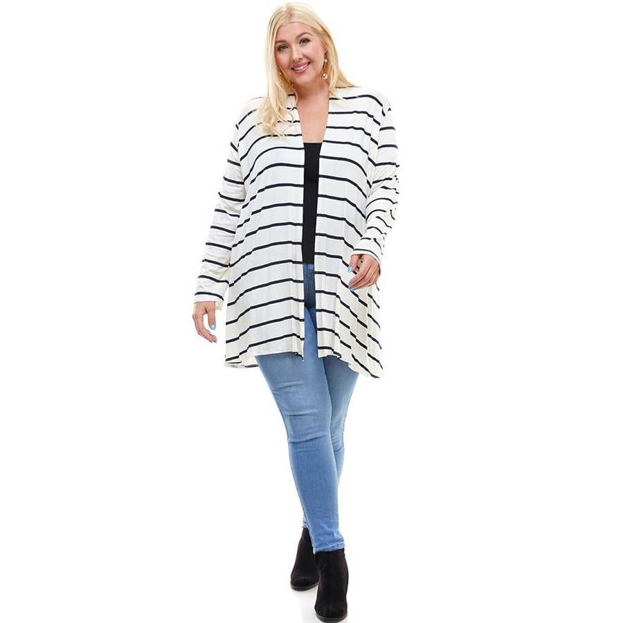 Azules Clothing – Großhandel Strickjacke – Damen – AJK-3001RSX-STRIPE Plus Size Langarm Streifen Strickjacke0