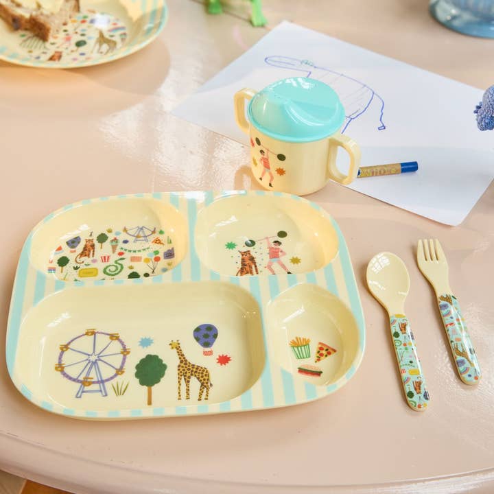 RicebyRice - Wholesale Dinnerware Set - Kids & Baby - Melamine Baby Dinner Set in Gift Box - Fun Fair Print - Mint - 4 pcs 1