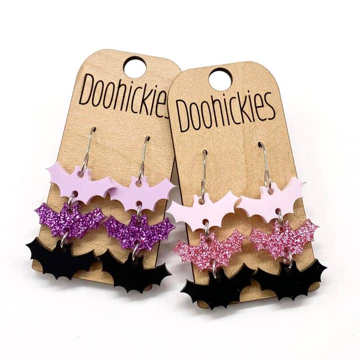 2" Triple Bat Dangles - Halloween Acrylic Earrings for wholesale by Doohickies