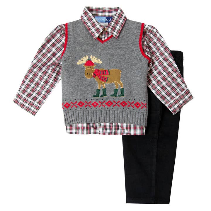 Good Lad Apparel - Wholesale Top & Pant Set - Kids - Good Lad Toddler Boy Moose Appliqued Sweater Vest Set