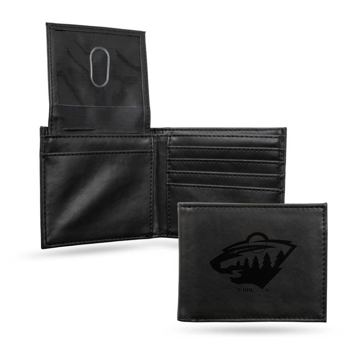 Minnesota Wild Laser Engraved Billfold Wallet, Black for wholesale by Rico Industries